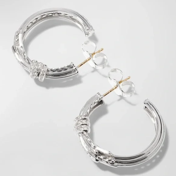 David Yurman Angelika Sterling Silver Hoop Earrings with Pavé - Picture 4 of 13